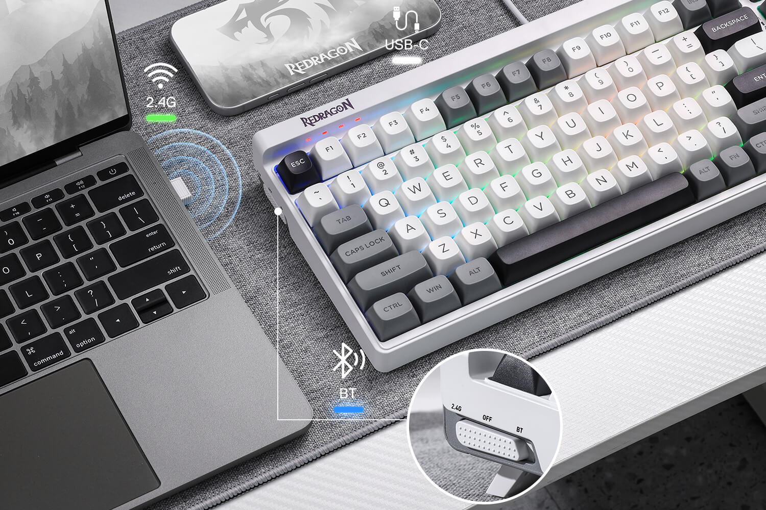 Redragon K656 PRO GAREN PRO 3-Mode Wireless RGB Gaming Keyboard with 100 Keys Mechanical Keyboard Hot-Swappable PBT Round Keycaps & Custom Linear Switch, MoonDust Gray 15 afb805e7486a76158f82af7cc7744a76