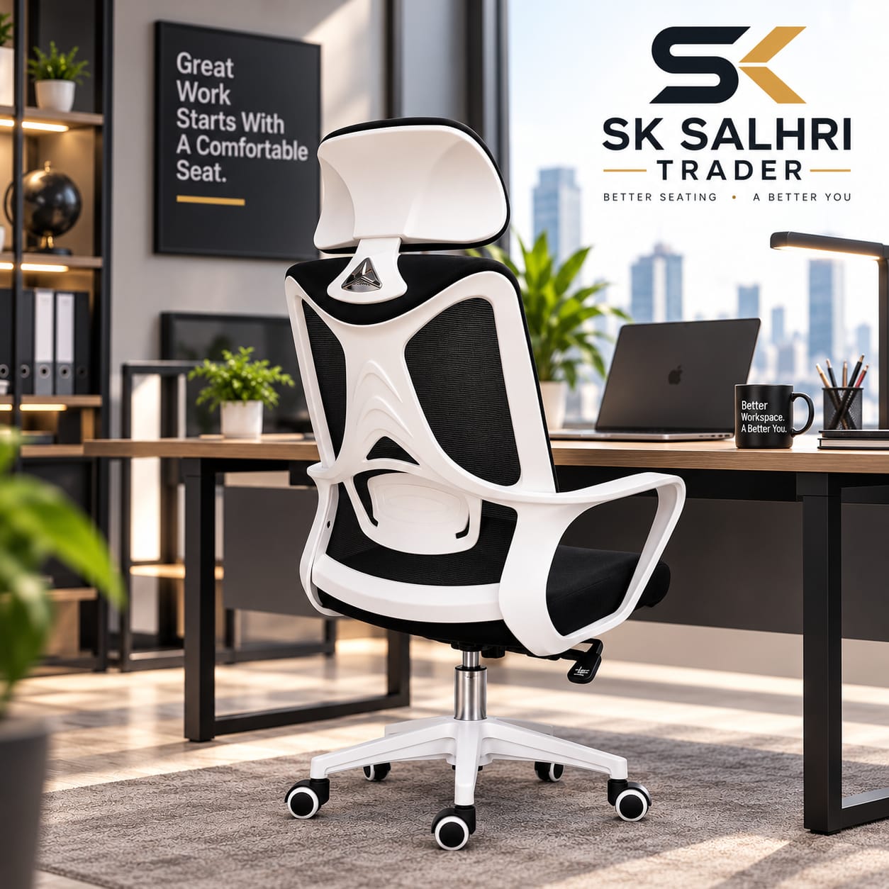 AeroFlex Ergo Office Chair for Long Hour Seating, Meeting Room Chair, Workstation Chair with Black and White Color Combination, Height Adjustable, Back and Forth movement, 360 Rotation imported quality and Lowest price