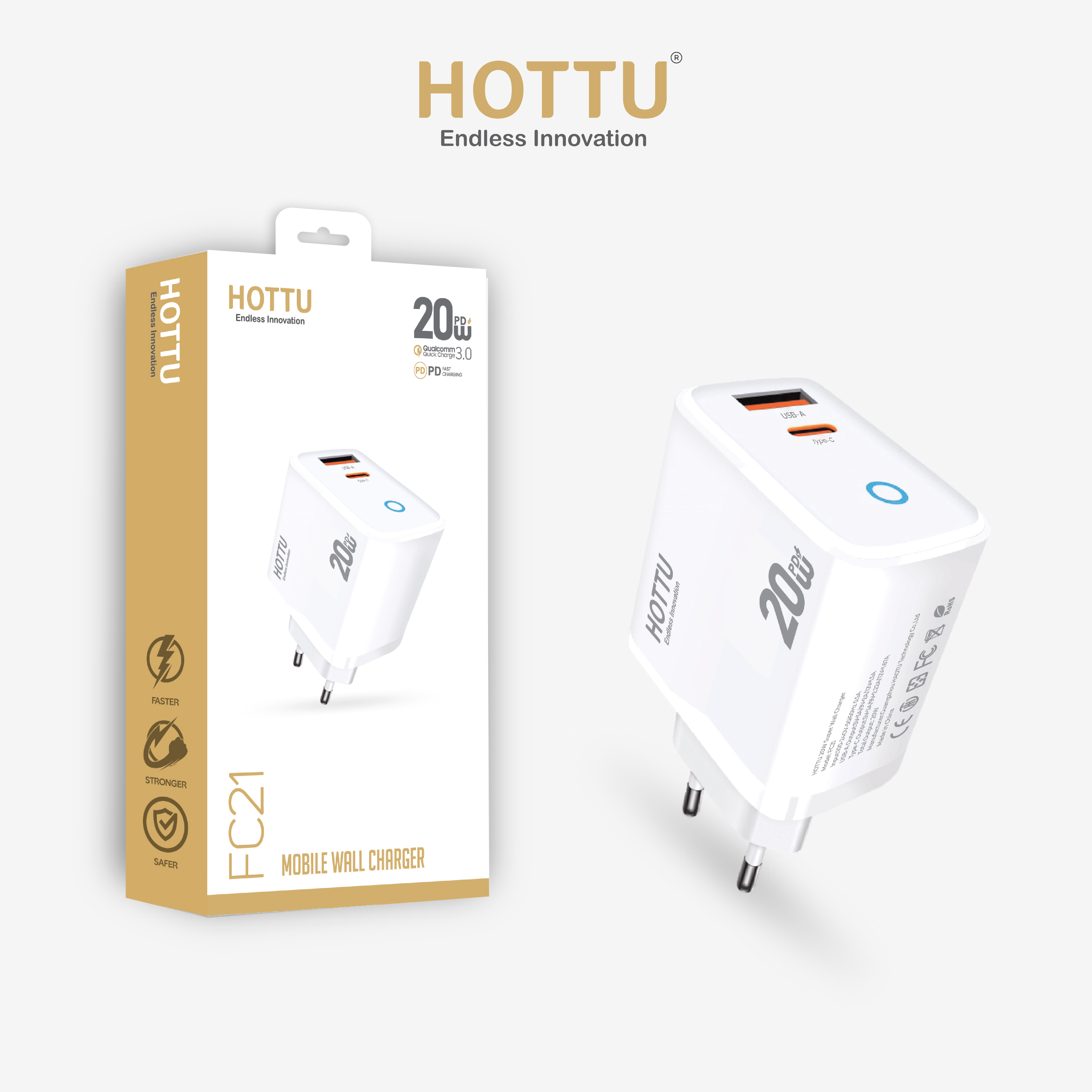HOTTU FC21 20W USB+Type C Mobile Wall Charger QC 3.0, PD : Powerful and Versatile Fast Charging