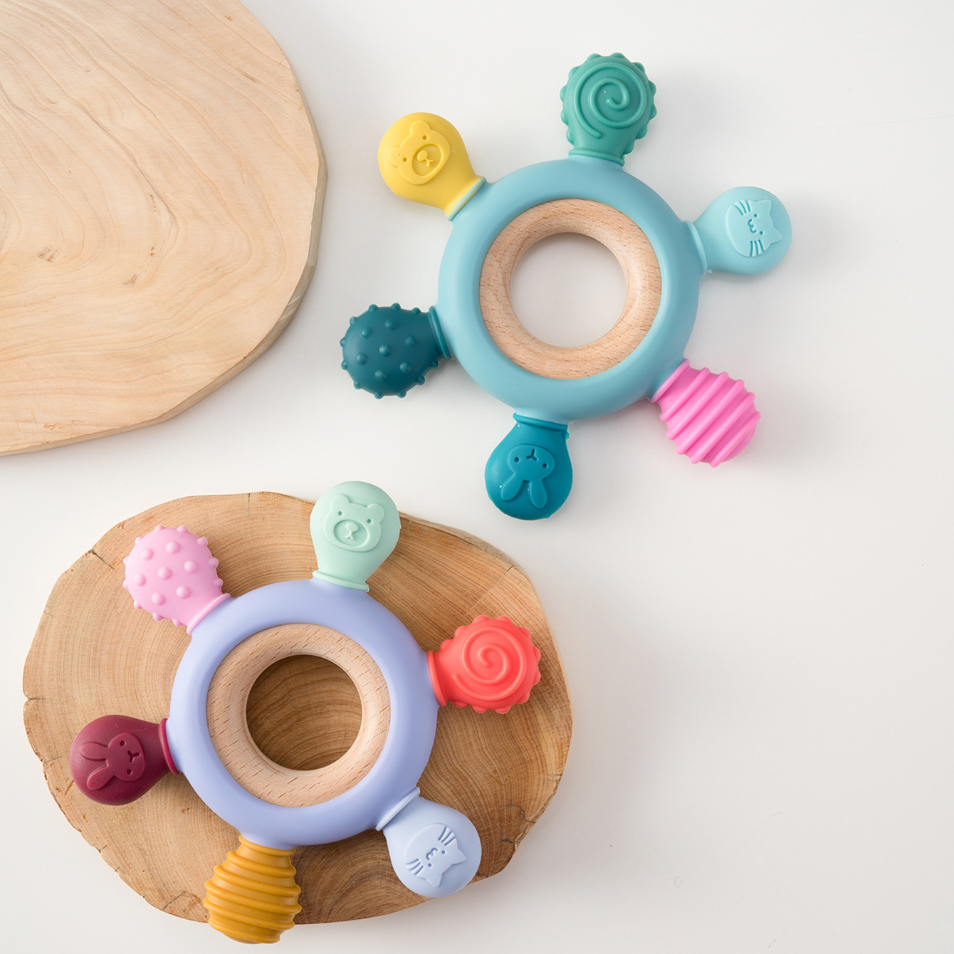 Food-Grade Baby Teething Toys Silicone Teethers BPA Free Silicone Rudder with Wooden Ring Soothe Babies Gums