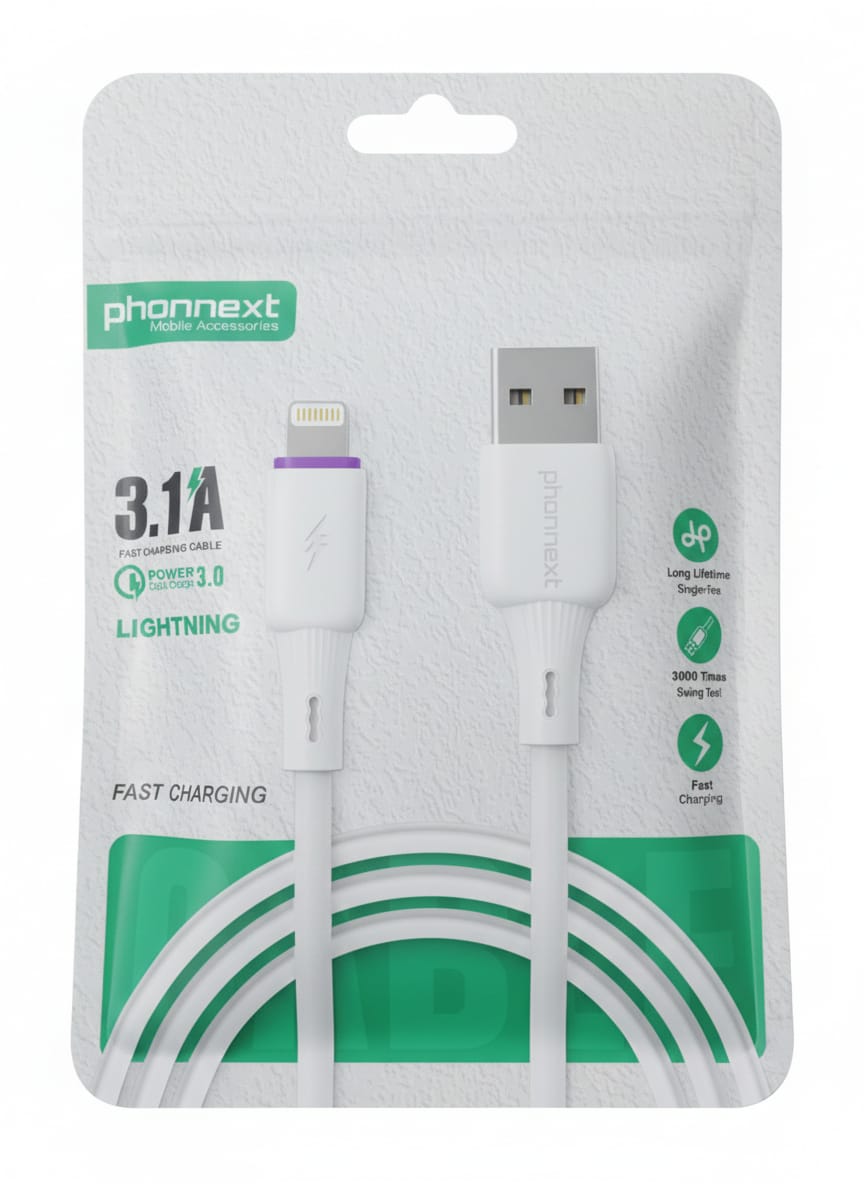 Phonnext 3.1A Fast Charging Lightning Cable - Power Delivery 3.1 USB Data Cable for iPhone & iPad - Durable High-Speed Sync & Charge - White price in Pakistan