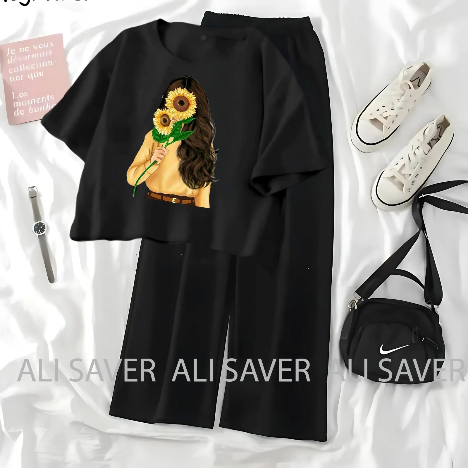 ALISAVER-Crop Top Casual Suit For Women and Girls High Quality Tshirt and Black Flapper