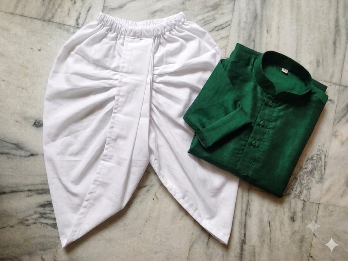 14 August Kids Baby Boy Kurta Dhoti | Pakistan Independence Day Dress | White Dhotti and Green Kurta | 1 Months to 10 Years | 10 Sizes Available
