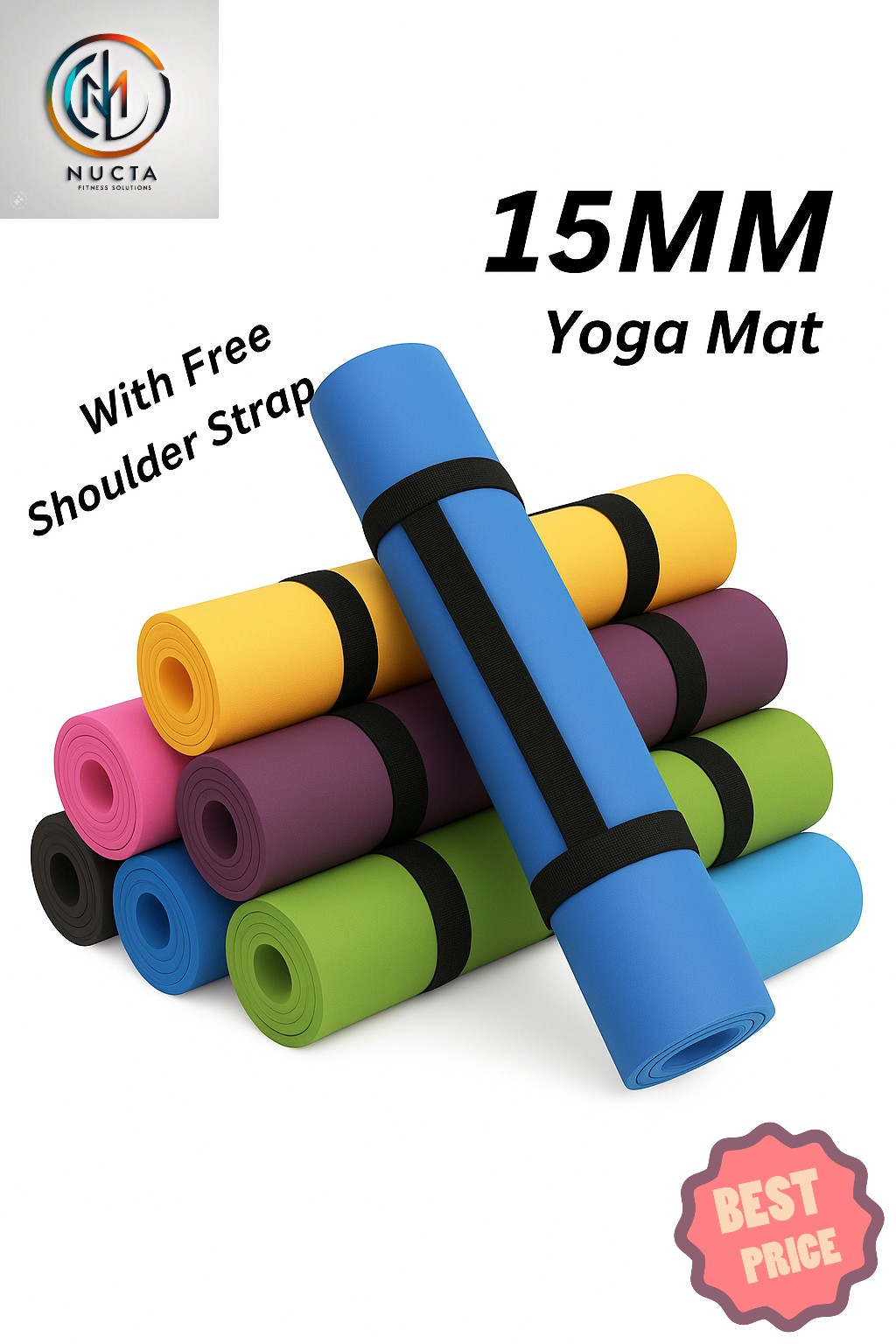 15MM  Thick Yoga Mat Fitness & Exercise Mat with Easy-Cinch Yoga Mat Carrier Strap, 72"L x 24"W  Thick