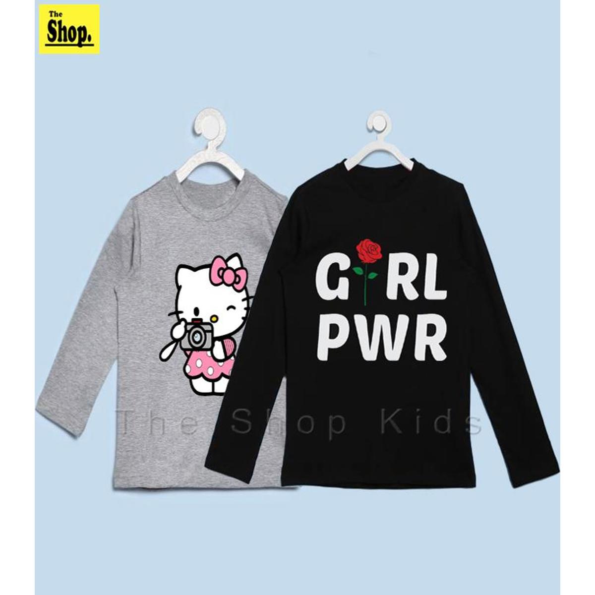 The Shop - Pack Of 2 -  Grey And Black Full Sleeves T-Shirt For Girls, 1 Year To 14 Years - Gb-Fsp2 - Stylish And Fashionable Girls' Tee