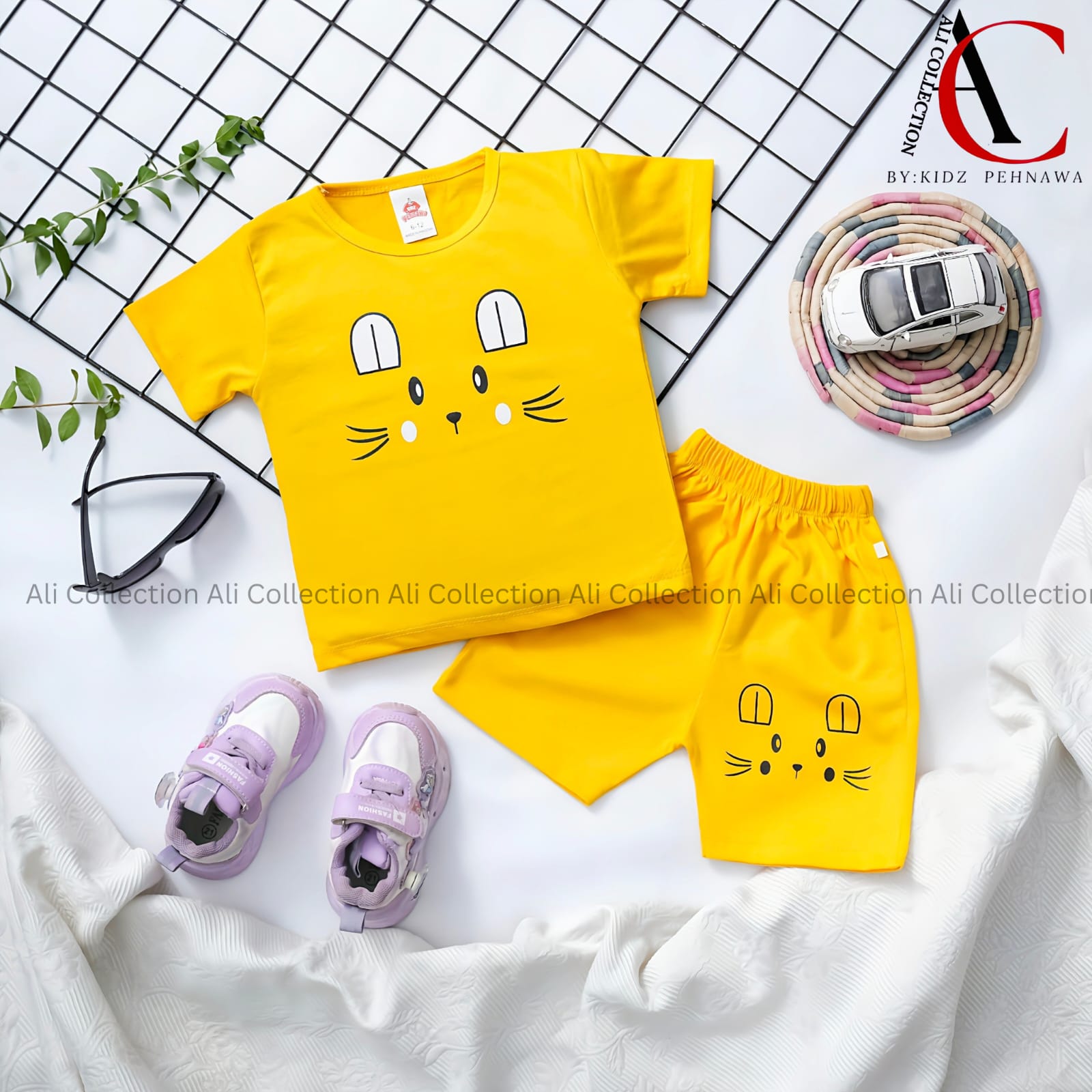 Yellow Bunny Face Print T-Shirt & Shorts Set – PC Jersey Fabric (0-3 Months to 7 Years) T-Shirt And Short Pant For Baby Boys And Girls | kids tshart | kids tsharts | kids tshart pack | kids tshart trouser| baby clothes | baby dresses | Ali collaction