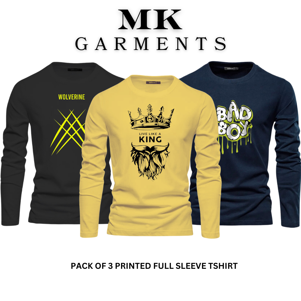 MK Garments - Pack Of 3 Printed Premium Full Sleeve Round Neck Casual  T- Shirt For Men