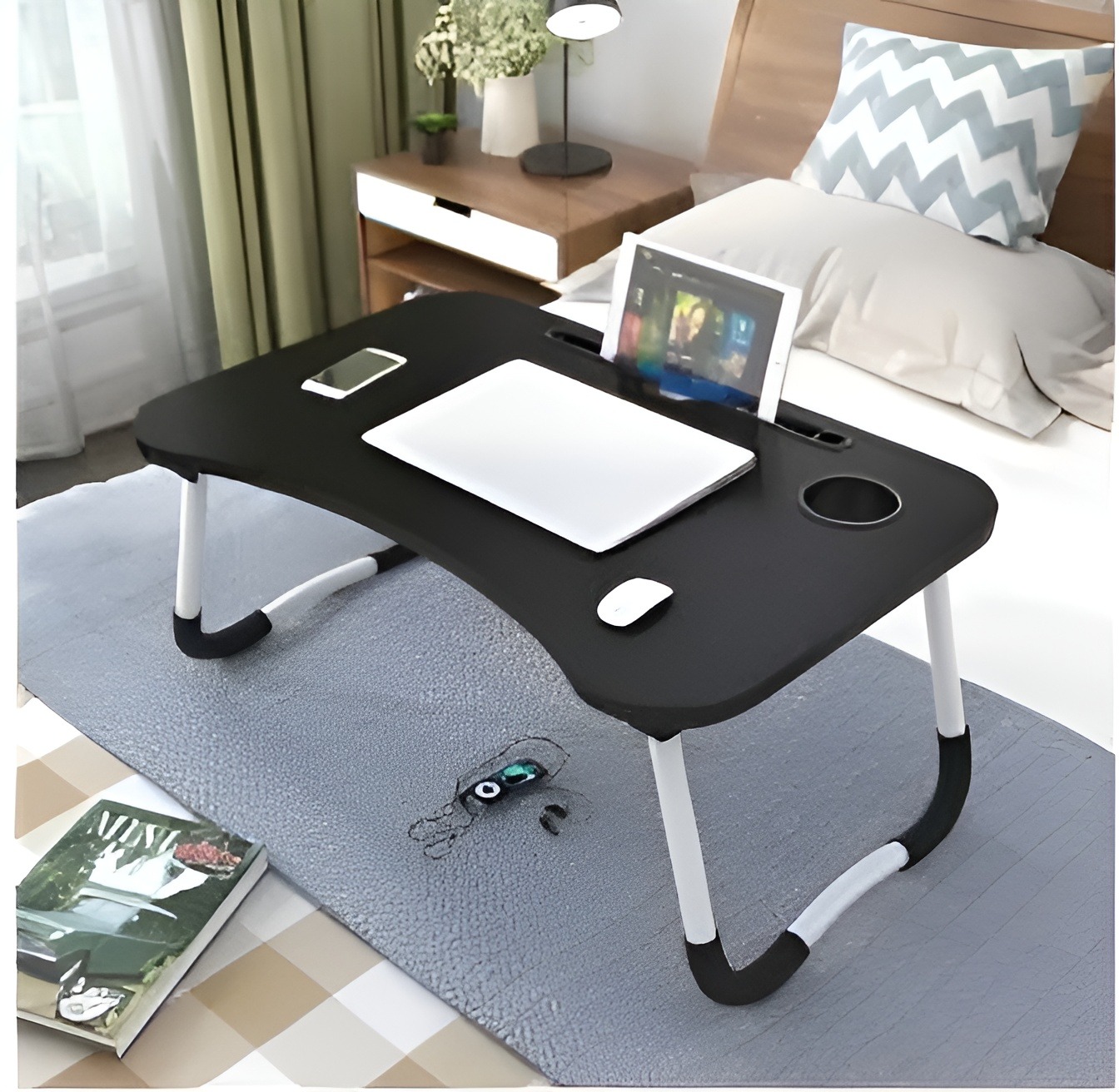 Wooden Gaming Laptop Table For Bed Foldable Stand Ergonomic Portable Drawing Notebook Reading Food Breakfast Serving With Inbuild Tablet And Cup Holder Slots Couch Black Brown Pink Yellow Green White BlueShazzle