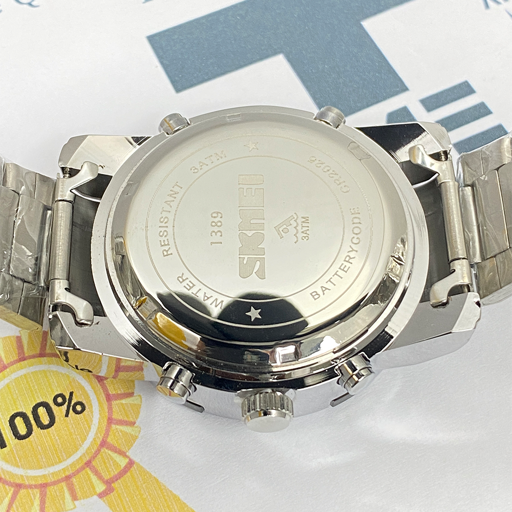 SMK 1389 Dual Time Chain Watch with Analog-Digital Display Stainless Steel Case Waterproof Alarm Stopwatch & LED Light for Men