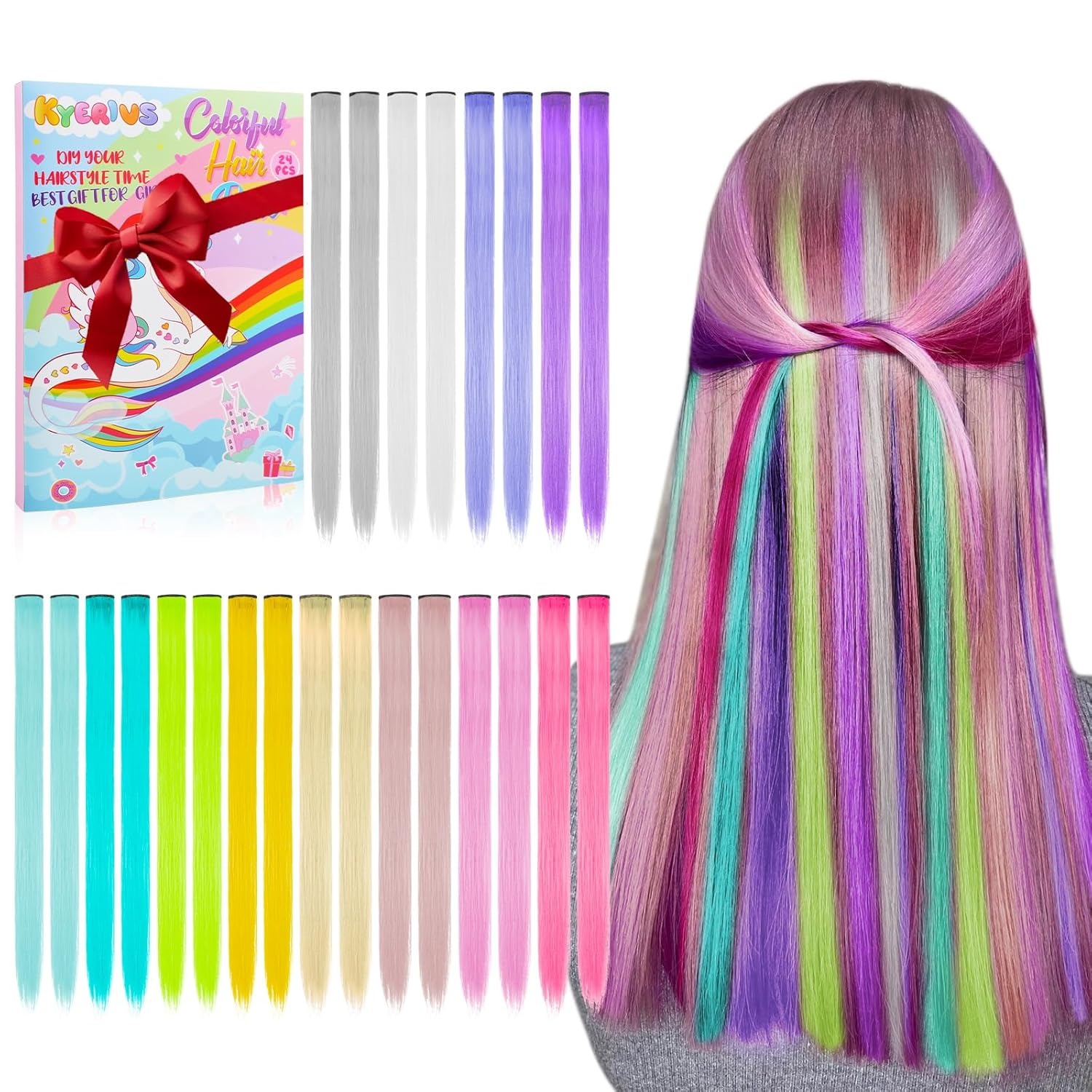 Colored Clip in Hair Extensions 22inch Rainbow Heat-Resistant Straight Highlight Hairpieces Cospaly Fashion Party For Kids Girls 6