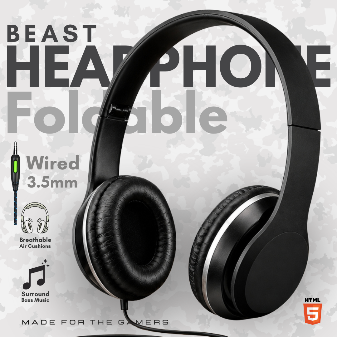 Beast Edition Wired Over-Ear Headphones  Studio-Quality No-Mic Audio Headset  High-Fidelity 3.5mm Surround Sound & Deep Bass  Foldable Ergonomic Headphone for PC, Gaming, Music & Home Office – One Click Pick