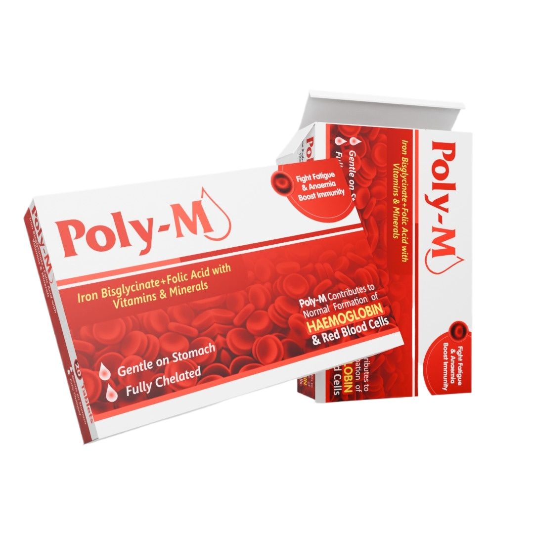 POLY-M (Iron Bisglycinate + Folic Acid With Vitamins & Minerals) 20Tablets.