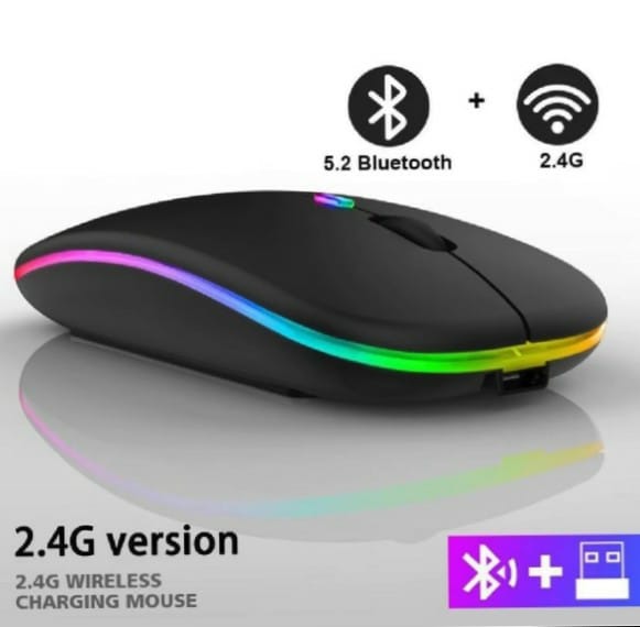 Hp Rechargeable RGB Wireless Bluetooth Mouse - Slim & Silent 7 Colours LED Lights-Transparent & Black Body-Dual Mode 2.4G & Bluetooth-Rechargeable Portable Optical Office Mouse With USB Receiver-3 Adjustable DPI Levels for Notebook, PC,Laptop Original
