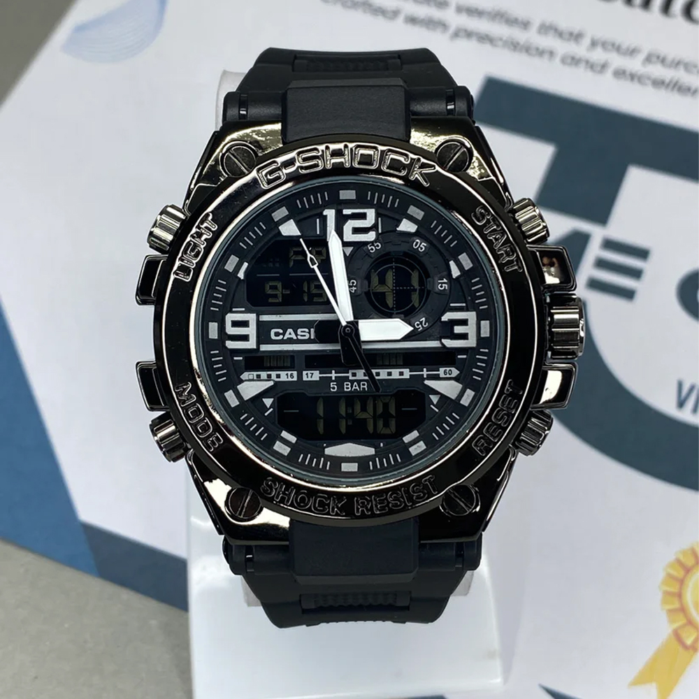 Multi-Functional Dual Time Sports Watch for Men Shock Resistant Analog Digital Display LED Light Waterproof Stopwatch Alarm Metallic Dial Wristwatch