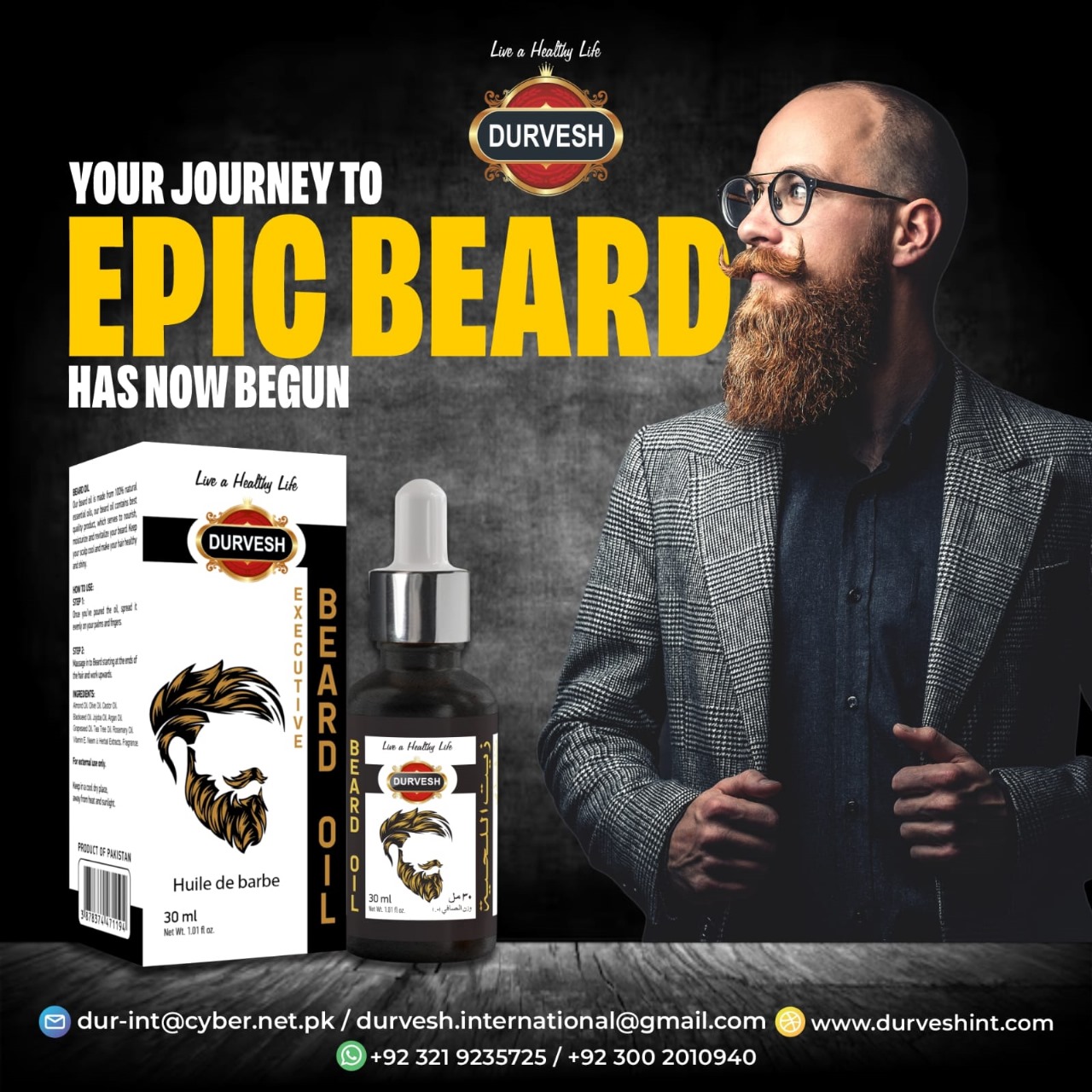 DURVESH BEARD GROWTH OIL - BEARD OIL FOR HAIR GROWTH - 30ml - GLASS BOTTLE & DROPPER