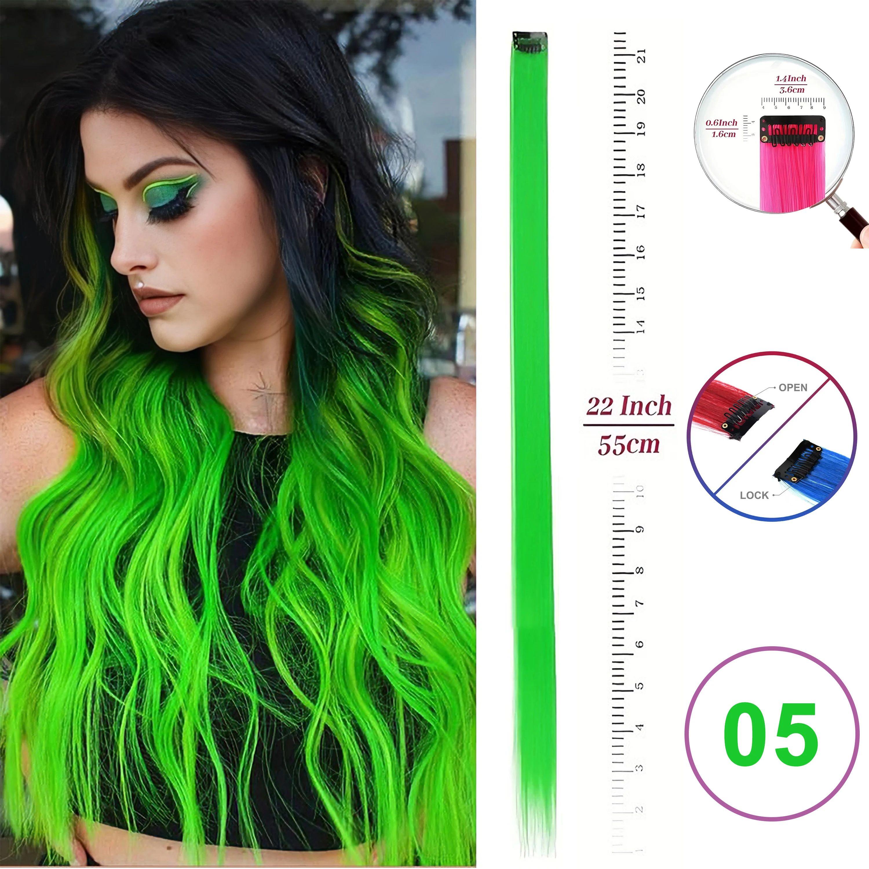 Hair Extensions Clip-In Neon Synthetic Hairpieces, 22" Straight Highlights for Kids & Girls – 1 Piece