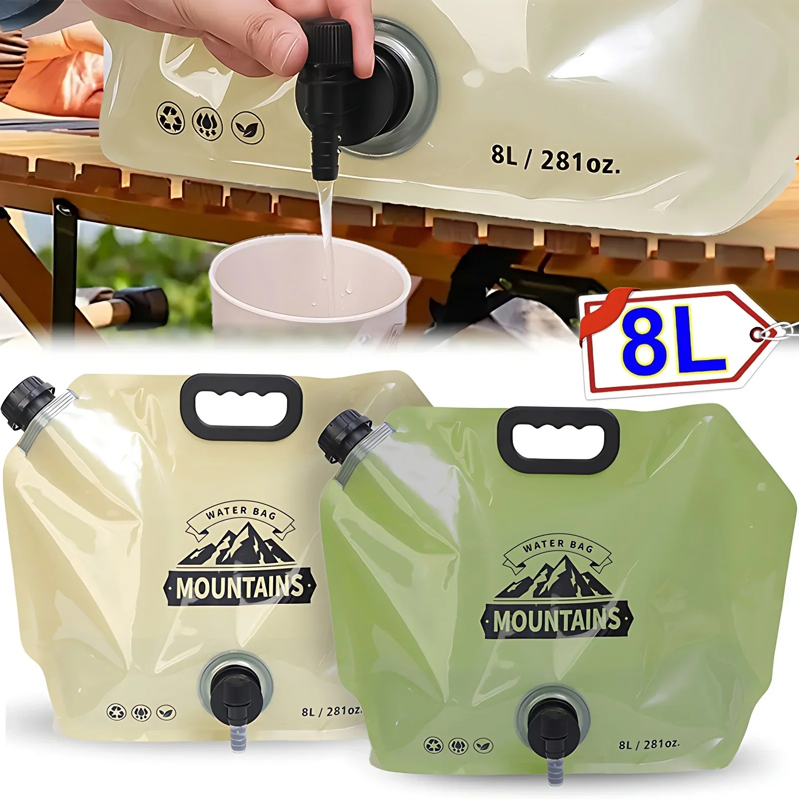 8L Portable Folding Water Bag | Collapsible Water Container with Tap & Handle | Leak-Proof Camping Water Storage Bag | Outdoor Travel Water Jug | Hiking Picnic Emergency Water Carrier