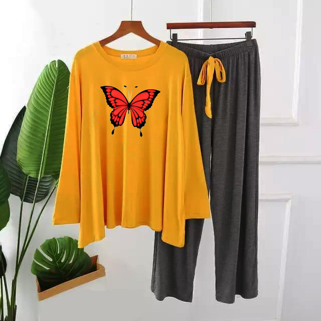 Red Butterfly Comfy & Cozy 2 Pcs Lounge Wear & Nightwear Suit for Girls & Women | Premium Soft Cotton O-Neck Full Sleeves Shirt with Pajama Trouser Set Casual Home Wear Night Dress - Yellow, Pink, Black Size, women Dress tees long T-shirt & Trouser Summer
