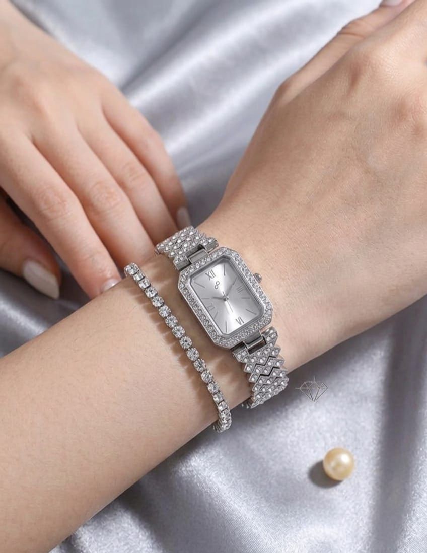 Rectangle Shape Watches in Rhinestone Blended Stainless Steel Jewelry Chain - Stylish Diamond Crystal Wrist watch For Girls With Bracelet Fashion Watch for Women's & Ladies - Premium Stylish Strap With Box For Gifts