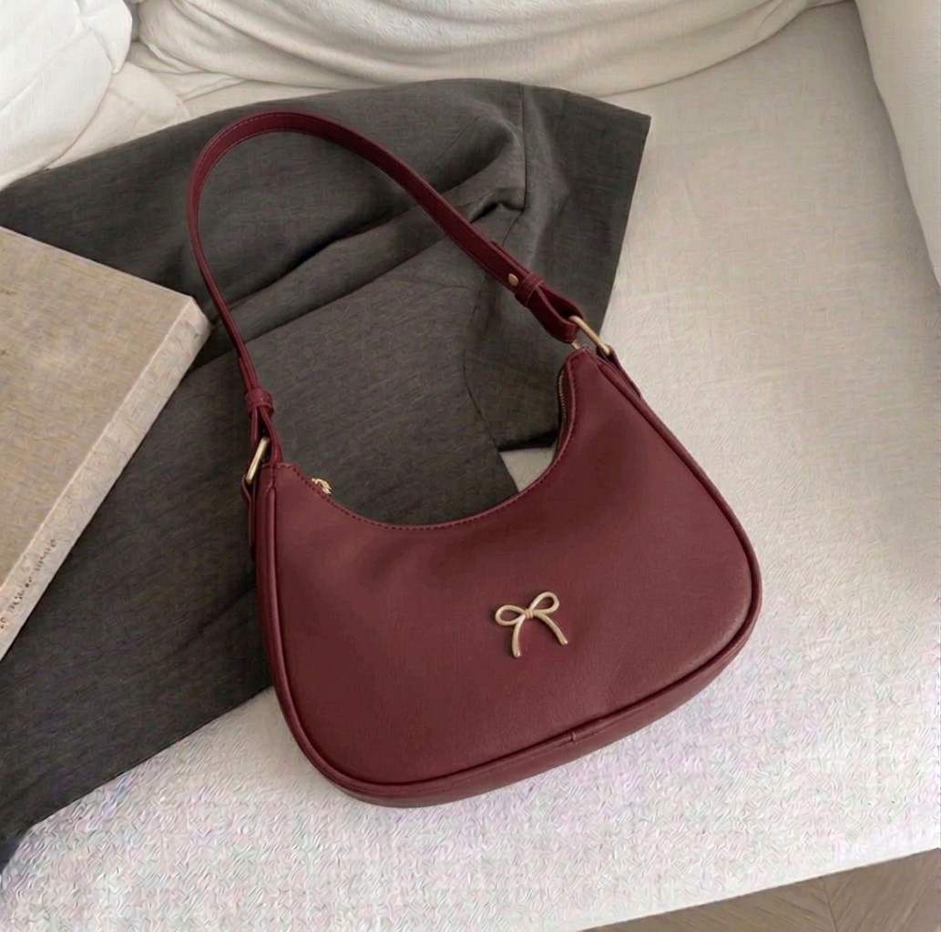 Women's Luxury Crescent Underarm Shoulder Bag  Cute Bow Leather Half Moon Purse & Handbag for Girls