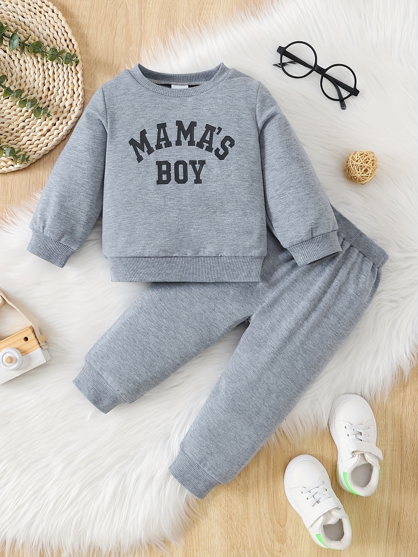 Casual Baby Boys MAMA'S BOY Letter Print Long Sleeve Sweatshirt + Pants Set
