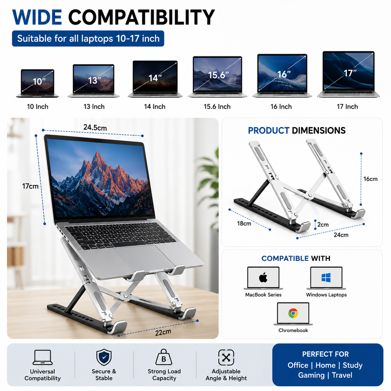 Laptop Cooling Stand Dual Single Fan Detachable Aluminium Adjustable 7 Gear Height Foldable Portable Anti Slip Rubber Grip Full Metal Body Ergonomic Notebook Riser Holder For Makbook Gaming PC Tablet Silver Black Office Home Desk Study Table Use