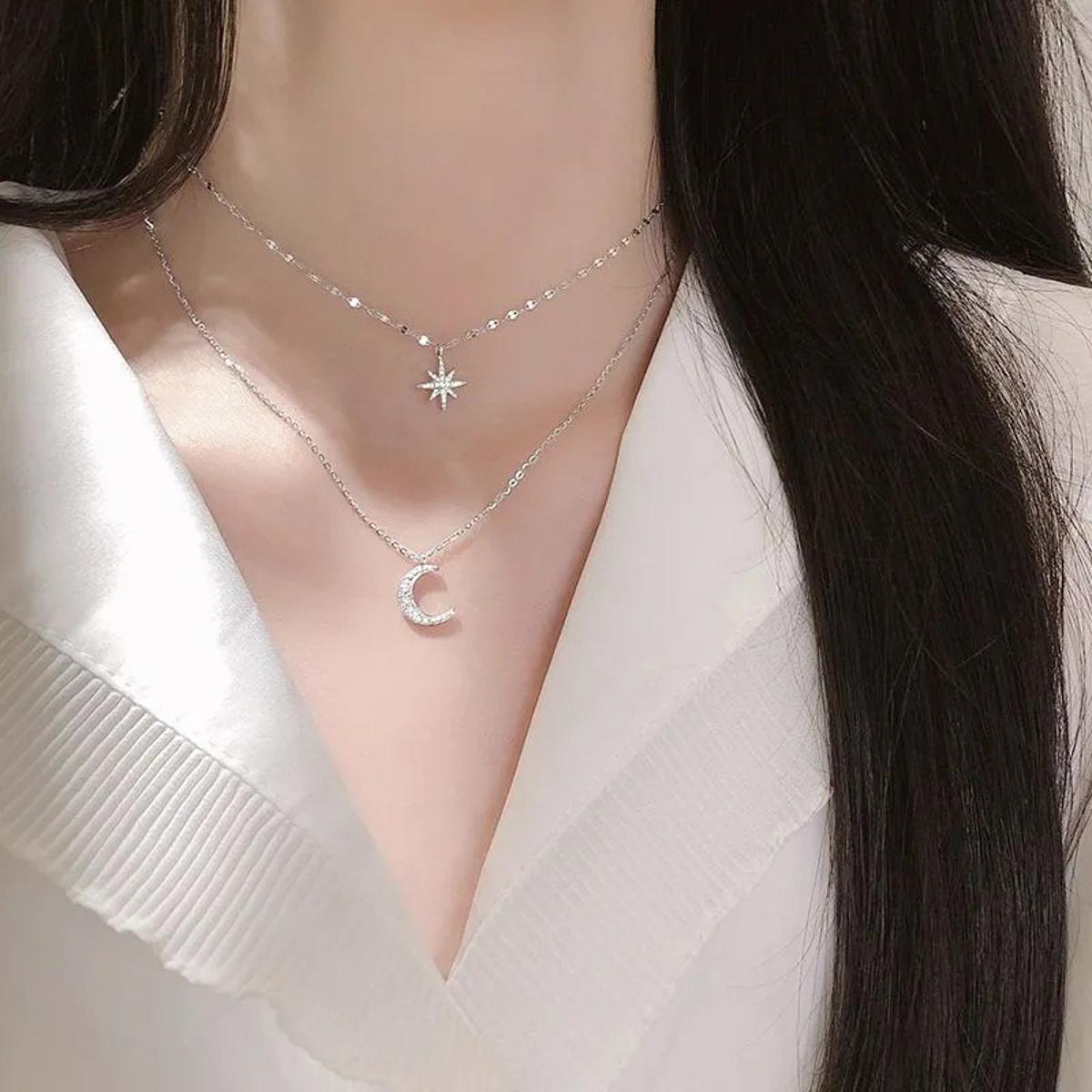 Charm Clavicle Chain Necklaces Ladies Ins Style Girls Trendy Twinkle Star  Moon Double Layer Elegant Popular Jewelry Accessories Pendant Necklace