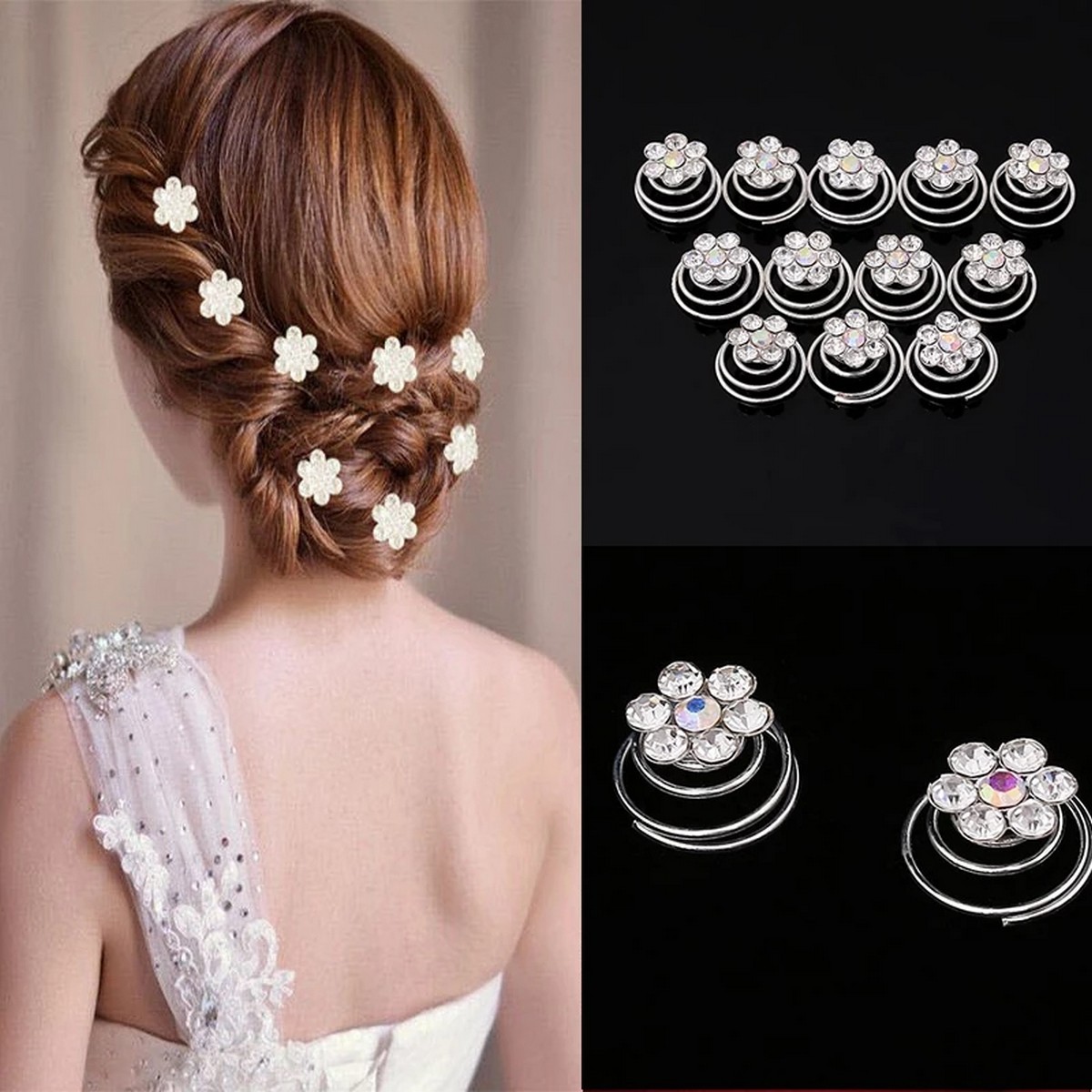 12pcs/lot Wedding Bridal Hairpins Rhinestone Pearl Flower Spiral Hair Pins Twist Hair Clips for Women Bride Hair Accessories