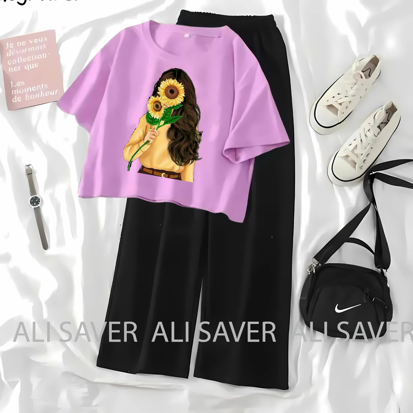 ALISAVER-Crop Top Casual Suit For Women and Girls High Quality Tshirt and Black Flapper