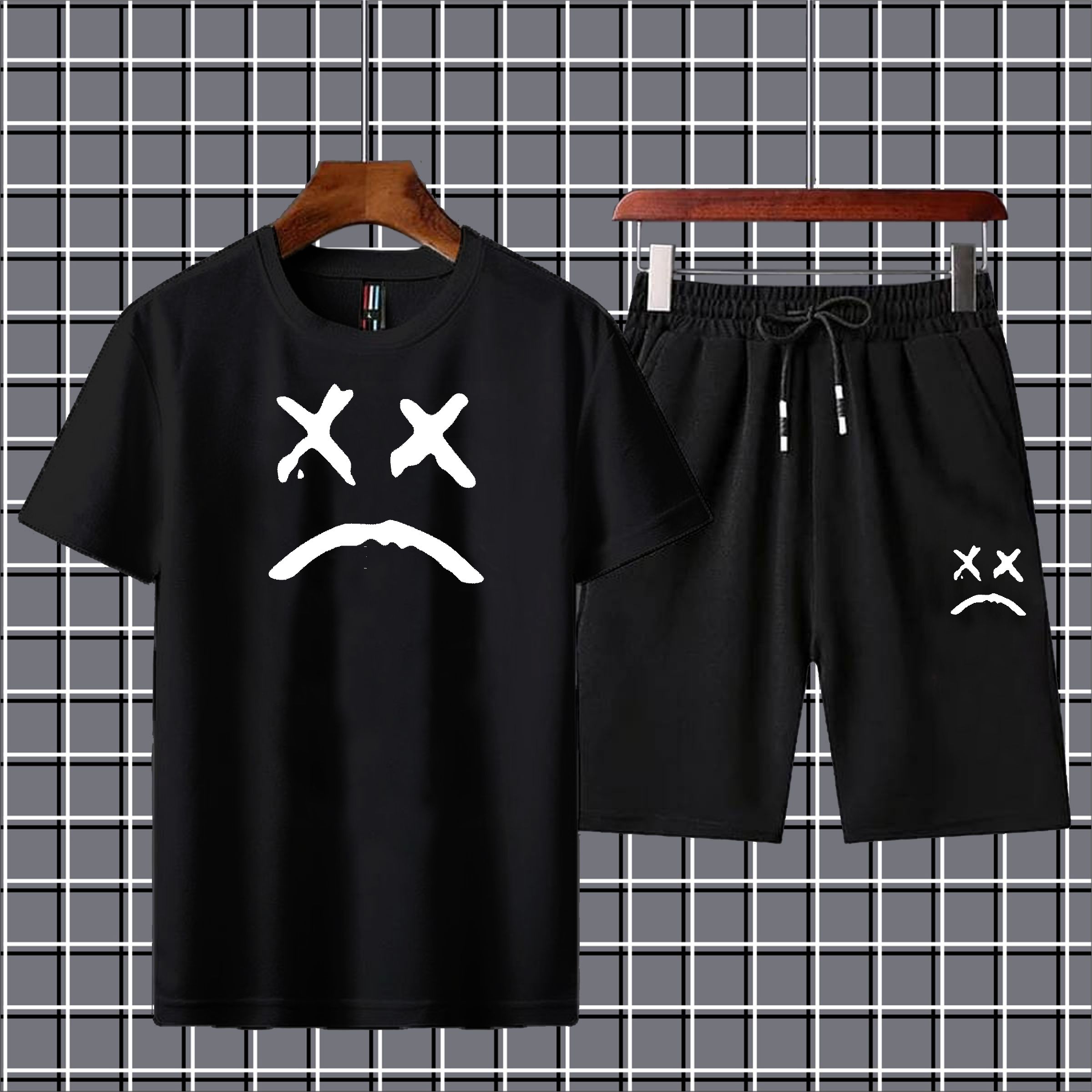 Sad face printed summer short tracksuit premium quality soft & comfortable fabric gym wear Tshirt+short tracksuit for men&boys