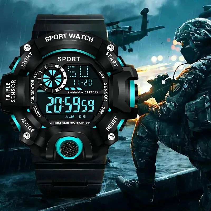 Outdoor Sports Watch for Boys Multifunctional LED Display Watch for Men Shockproof Sport Watch for Gents