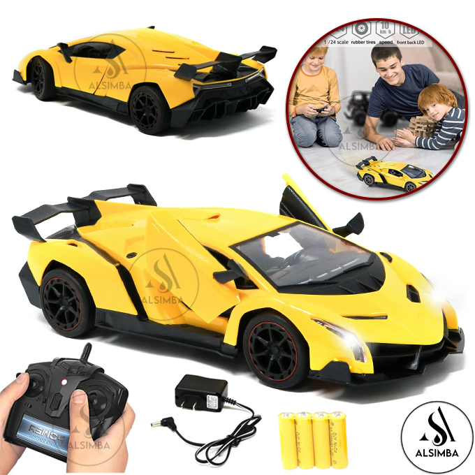 Remote Control Rechargeable Lamborghini Venono 4 Channel With Lights & Sound - Front Doors Open - 1:18 Scale Simulated Model Car - Yellow