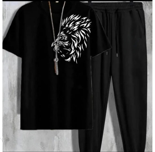 New Side Lion Face Printed Cotton Half Sleeves O Neck T shirt & Trouser For Men & Boys