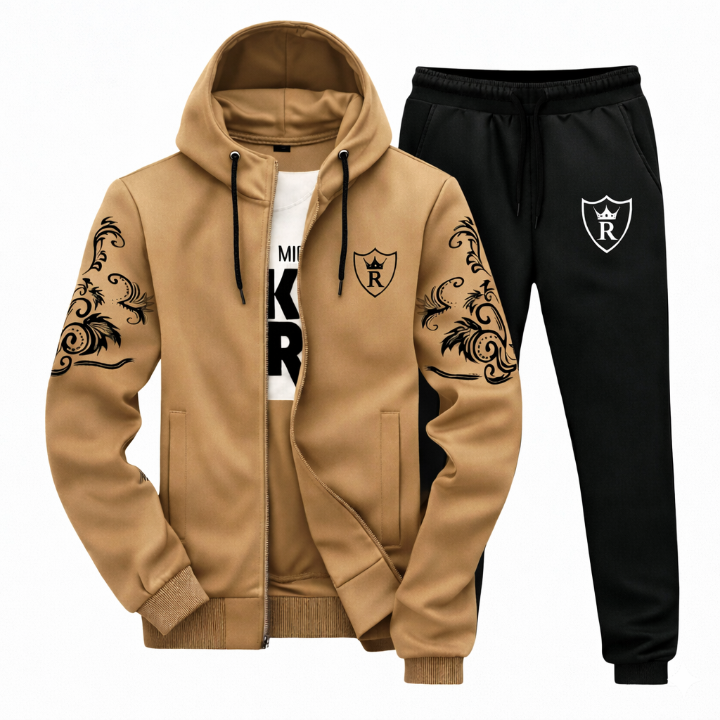 Men’s 2 PCS Premium Winter Tracksuit – Camel Brown Hooded Jacket & Black Jogger Trouser