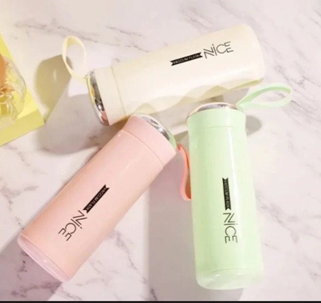 Nice Glass Water Bottle with Plastic Coated Cover & Lid – 400ml