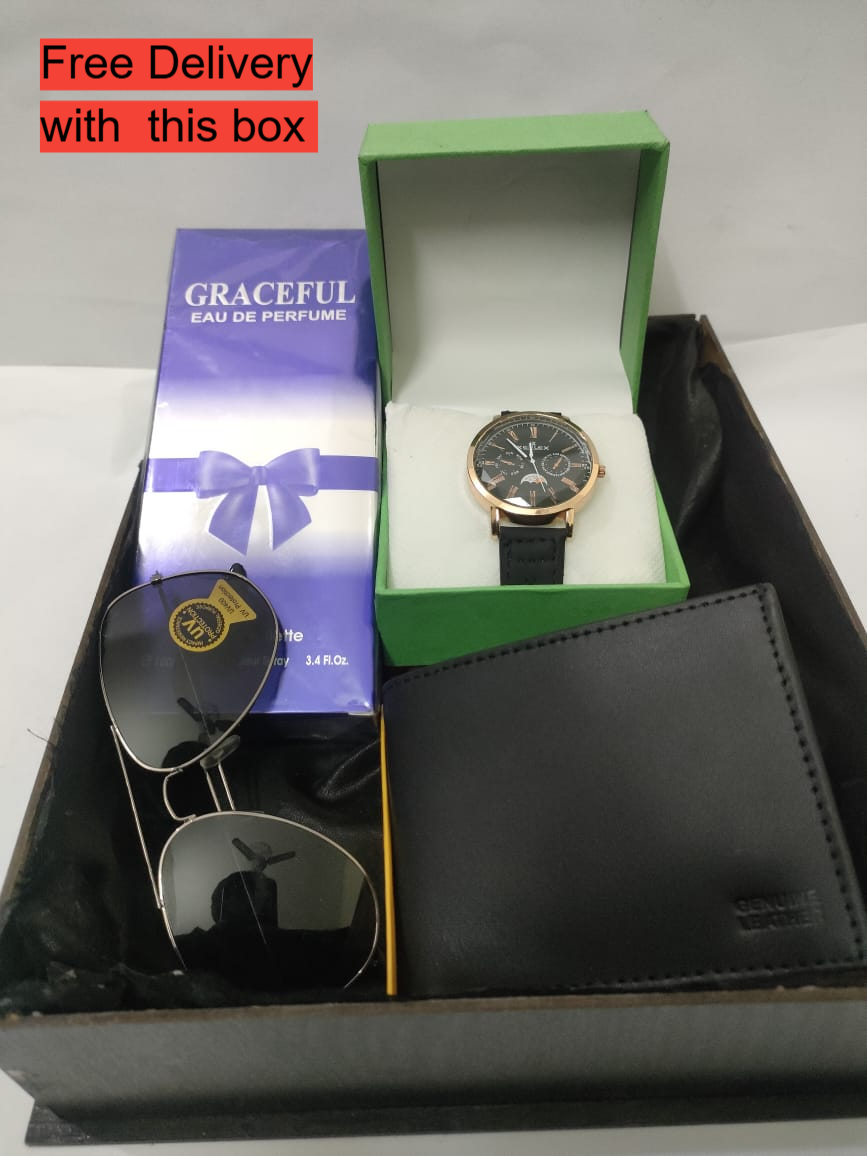 High Quality Gift Box for Boys & Girls: Best Deal 4-in-1 Set with Genuine Watch, Glasses, perfume and Leather Wallet – Perfect for Birthdays, Anniversaries, and Special Occasions - Ideal Gift for Husband, Men,