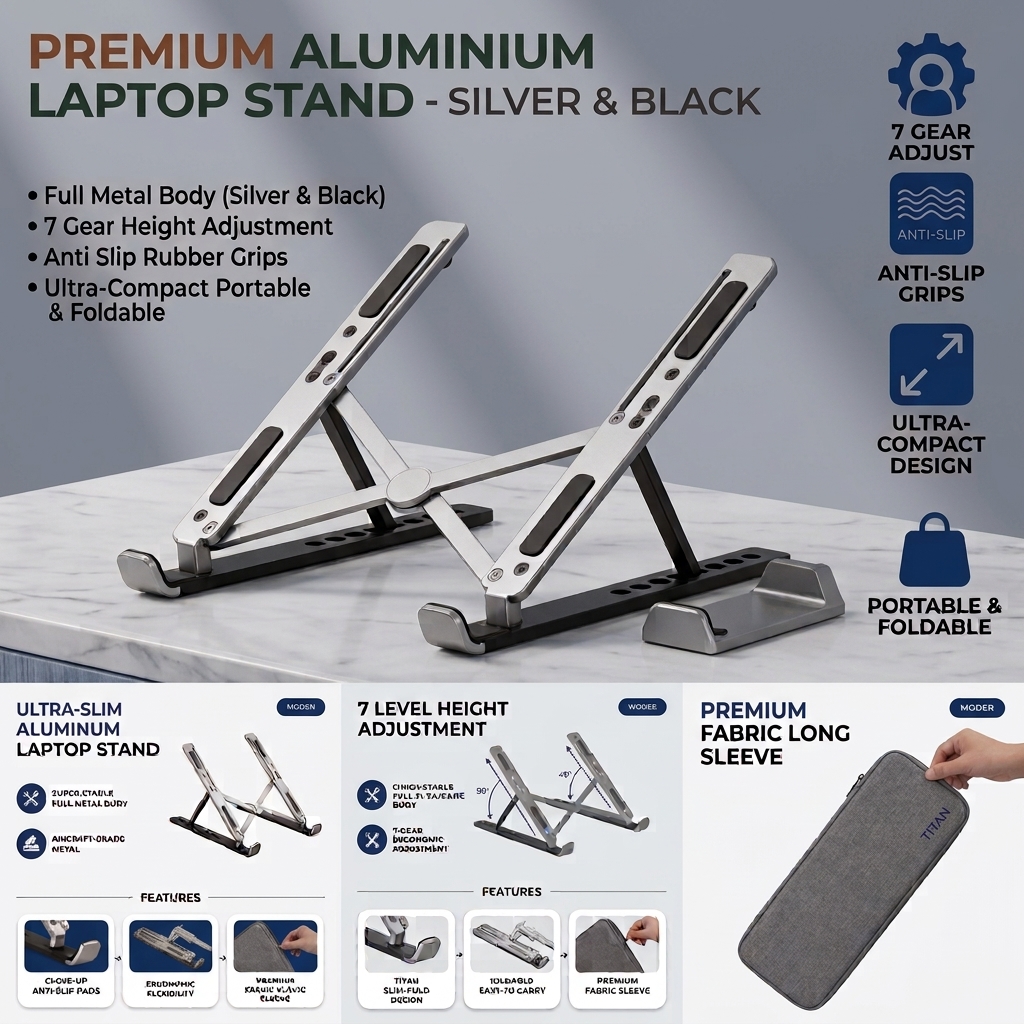 Laptop Stand  Aluminium Adjustable Foldable Portable Laptop Table Riser 7 Level Height Adjustable Detachable Single Dual Fan Cooler Anti Slip Rubber Grip Full Metal Body Ergonomic Notebook Holder for Desk Office Home Silver Black