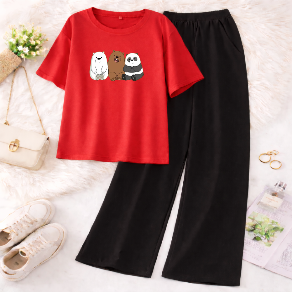 FashionPoint - 3 Bears Printed 2Pcs Printed Half Sleeves T Shirt with Trouser Soft Jersey Fabric Casual Daily Wear For Girls and Kids
