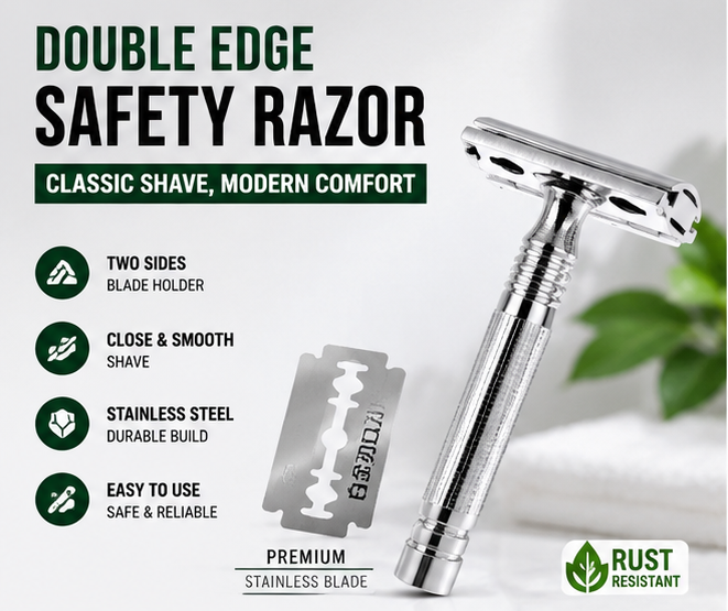 Qiang Ren Double Edge Safety Razor for Men & Women, Stainless Steel Reusable Manual Shaving Razor with 1 Premium Double Edge Blade, Classic Wet Shave Grooming Tool, Durable Anti-Slip Handle, Smooth & Comfortable Daily Beard & Body Hair Removal