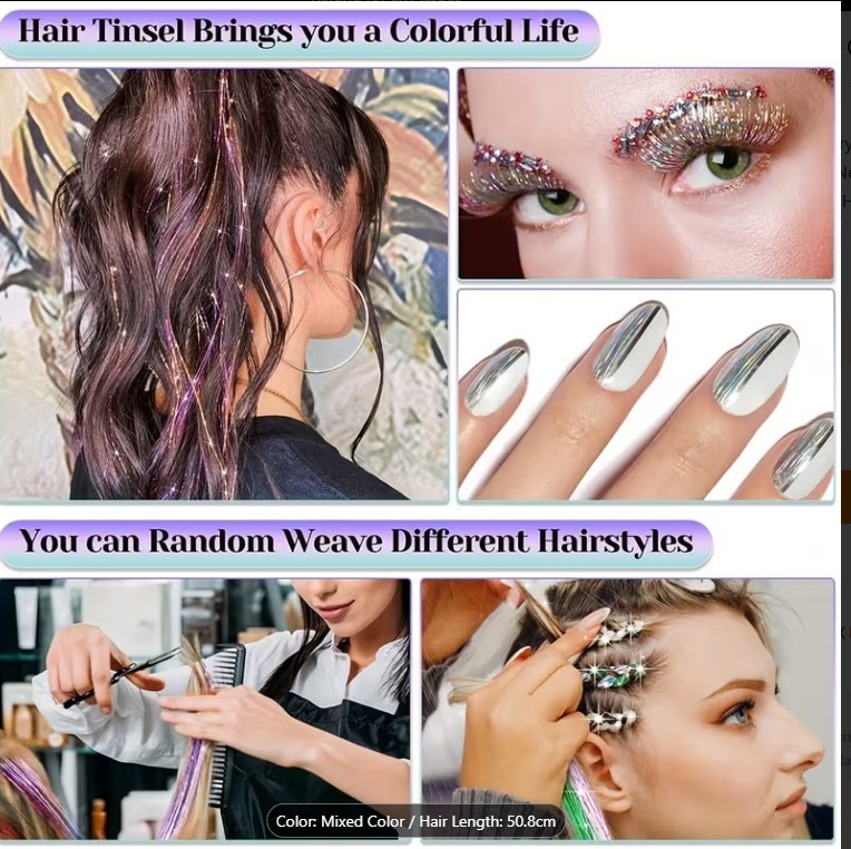 12 Colors Fairy Tinsel Hair Extensions – 2000 Strands Shiny Glitter Hair Highlights | Sparkling Festive Hairpiece for Parties,  Christmas & New Year**