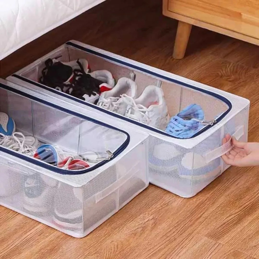 Under Bed Shoe Storage Box with Steel Frame – Large Foldable Transparent Shoe Organizer Bag for Men & Women – Clear Dustproof Shoe Cover with Handle for Heels, Boots, Sneakers – Space Saving Closet Storage Rack (60x30x15cm)