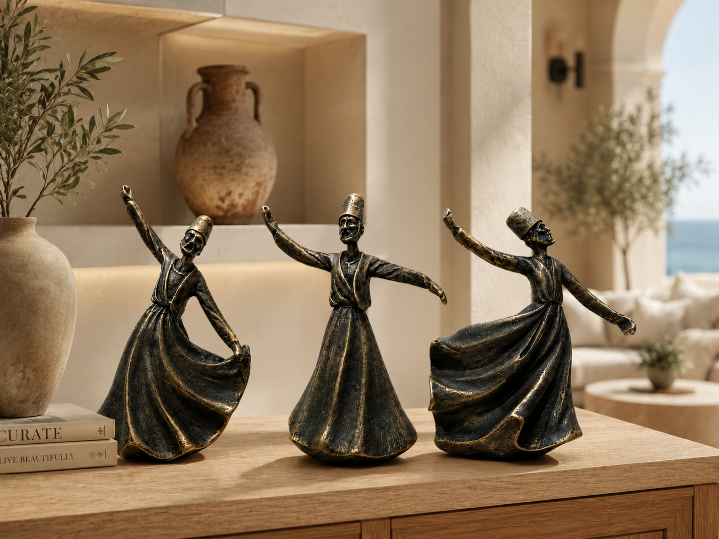 Classical Sufi Whirling Dervish Statue Set of 3 – Antique Bronze Finish Resin Figurines for Home, Living Room & Office Decor (Height: 6 to 7 Inches)