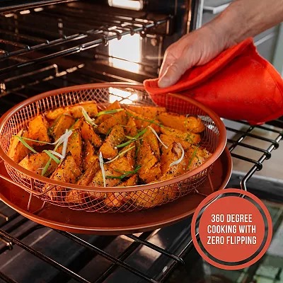 Copper Crisper Tray Round Air Fryer Tray For Oven Deluxe Air Fry In Your Oven 2-Piece Set, Air Fryer Baking Pan Air Fryer Basket For Oven