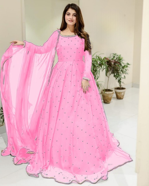 Girls Chiffon Maxi Dress with Front and Back Pearls, Lace Work, Ready-to-Wear 3-Piece Set with Dupatta