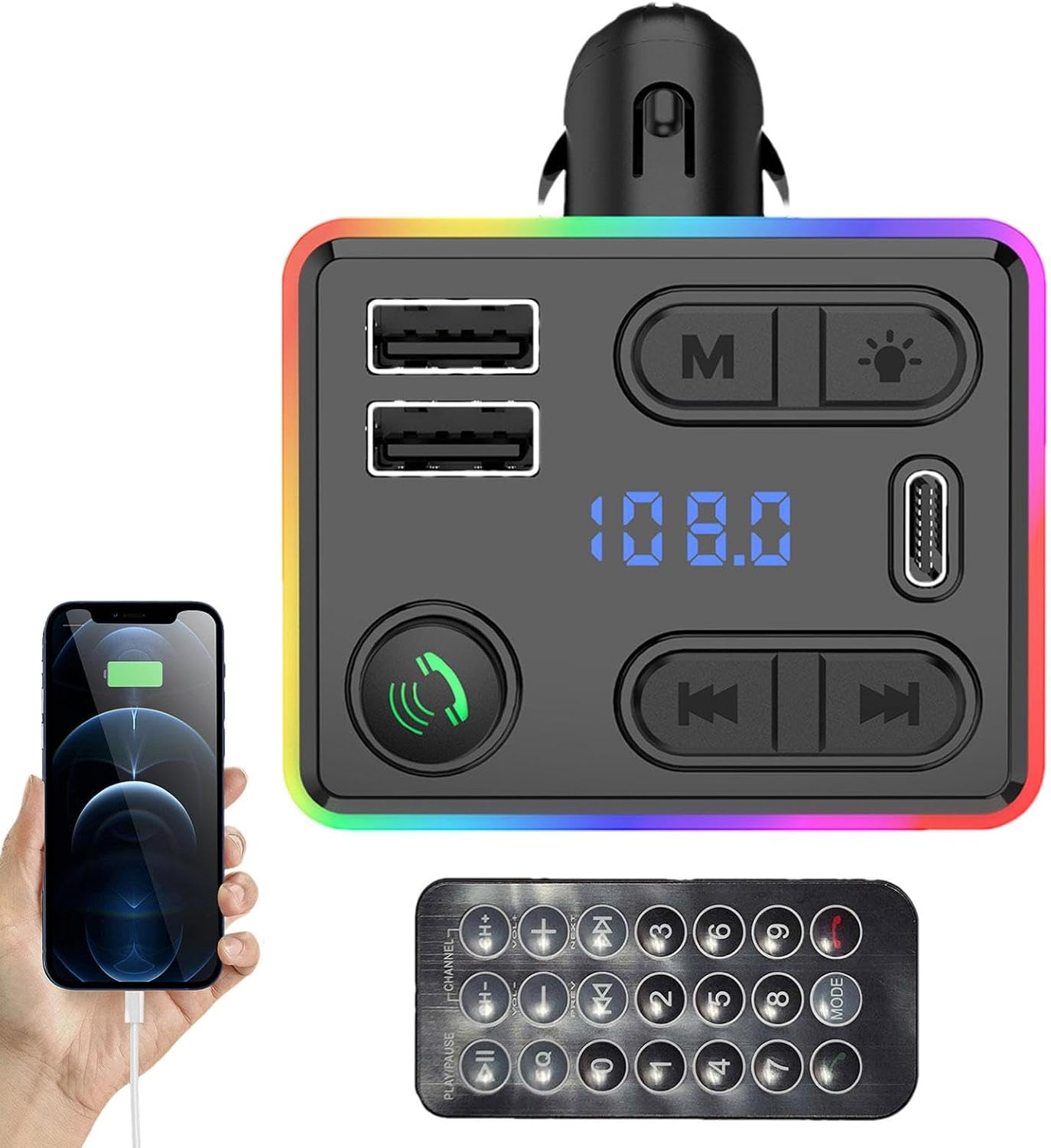Handsfree Call Car Charger, Bluetooth 5.3 USB Car Charger Adapter FM Transmitter Radio Receiver, with Remote Control - Type-C + USB, Noise Reduction for 12-24V Vehicles, Music Playback,