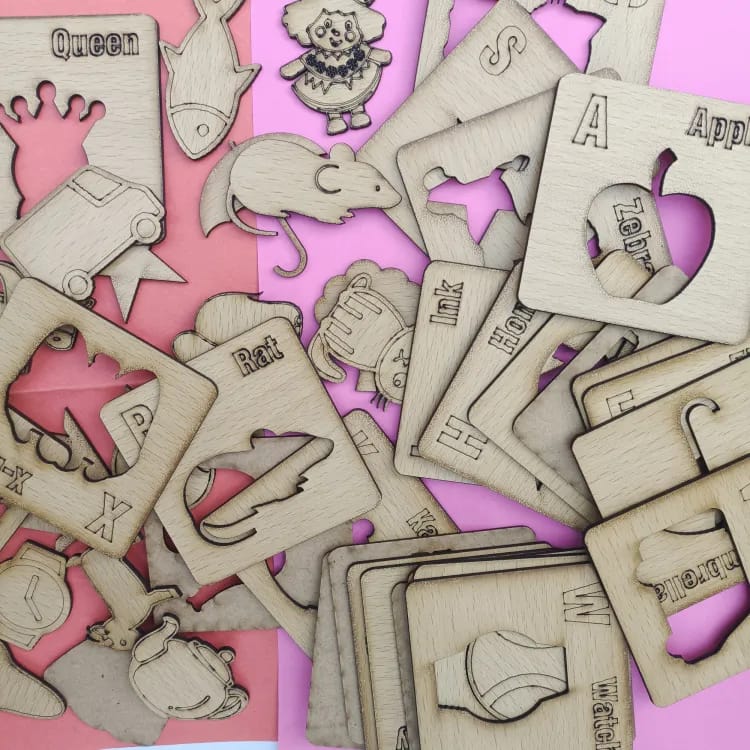 Kids Wooden Drawing Stencils English/Urdu/Mathematics Alphabets Learning Puzzle Toys (A to Z complete)