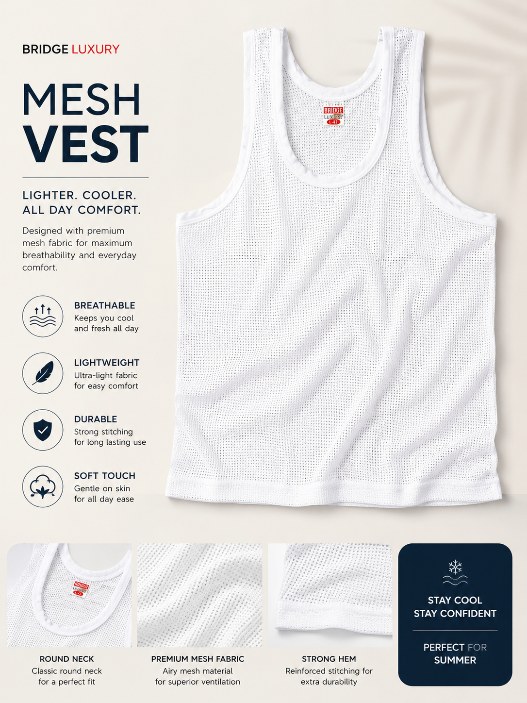Men Pure Cotton Mesh Banian White Vest Sleeveless Breathable Tank Top