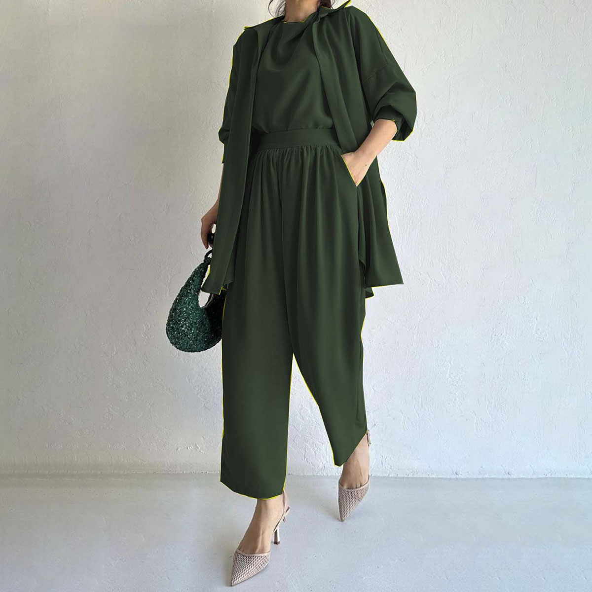 Stylish 3-Piece Linen Jumpsuit Set with Coat, Inner, Trouser, Belt - Available in 7 Colors