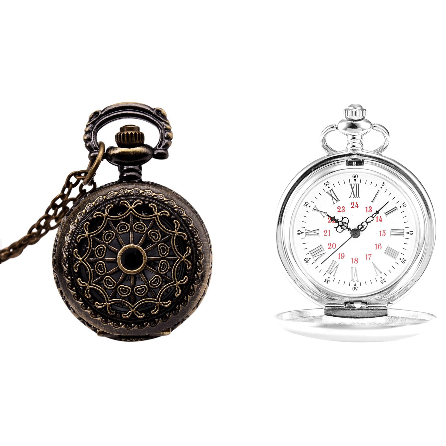 2PCS Watches Vintage Bronze 31.5inch Chain Antique Pocket Watch Fashion Gift Cobweb with Pocket Watch Metal Strap