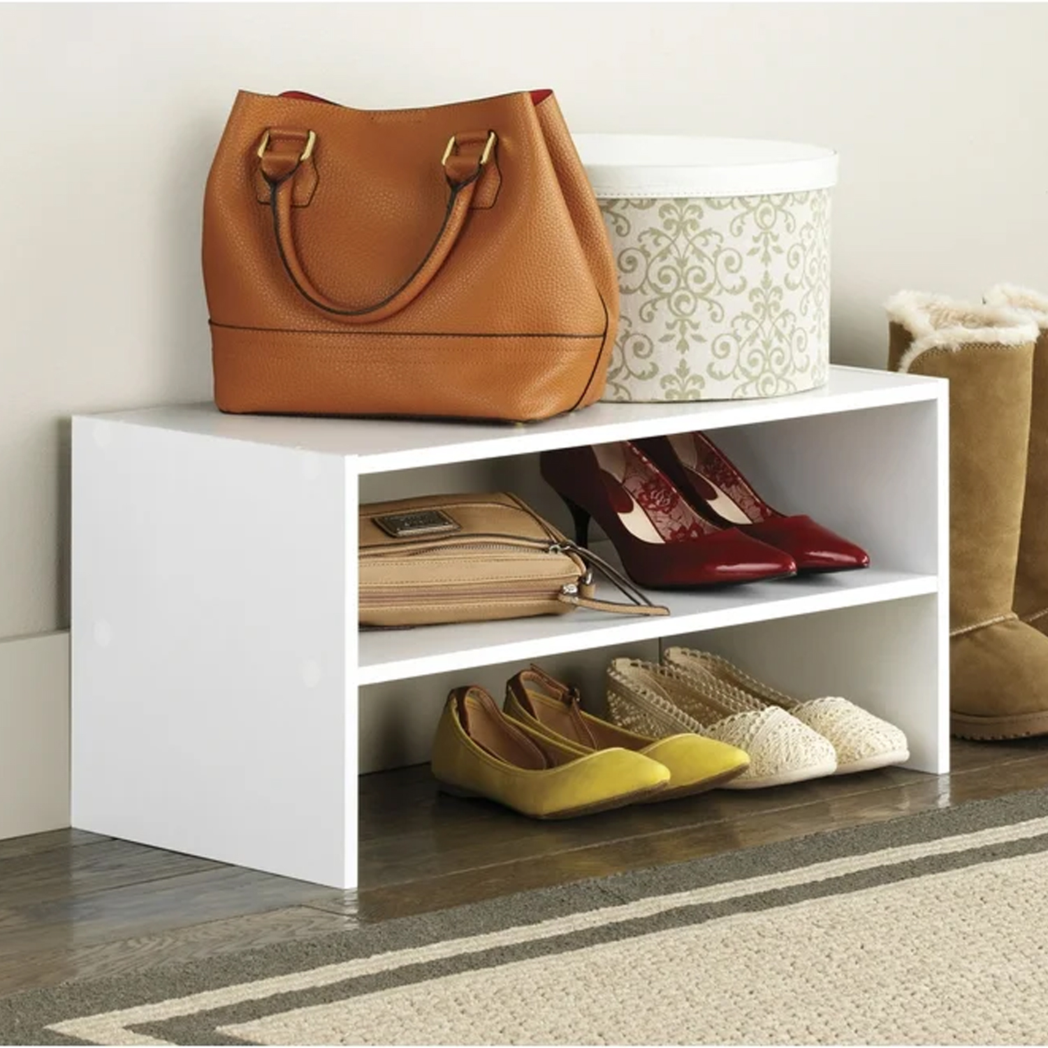 Engineered Wood Open Shoe Rack with 2 Shelves Storage for Living Room Home Office Wood Multipurpose Shoe Organizer Chappal Stand Furniture